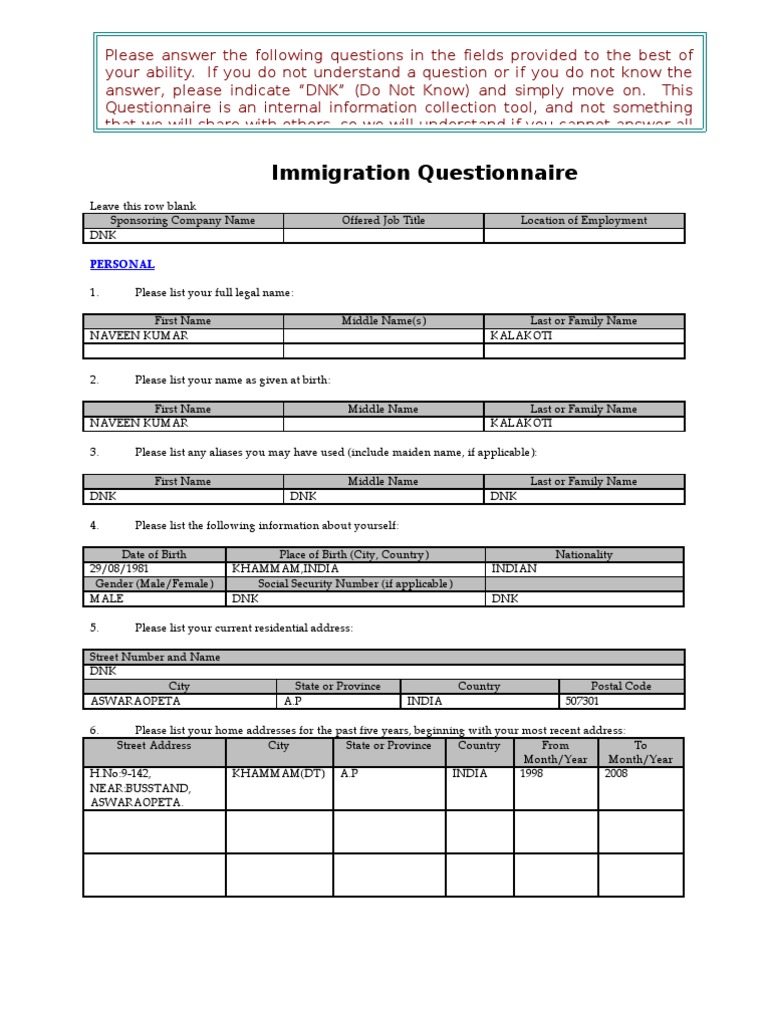 Immigration Information Questionnaire | PDF | Travel Visa | Government ...