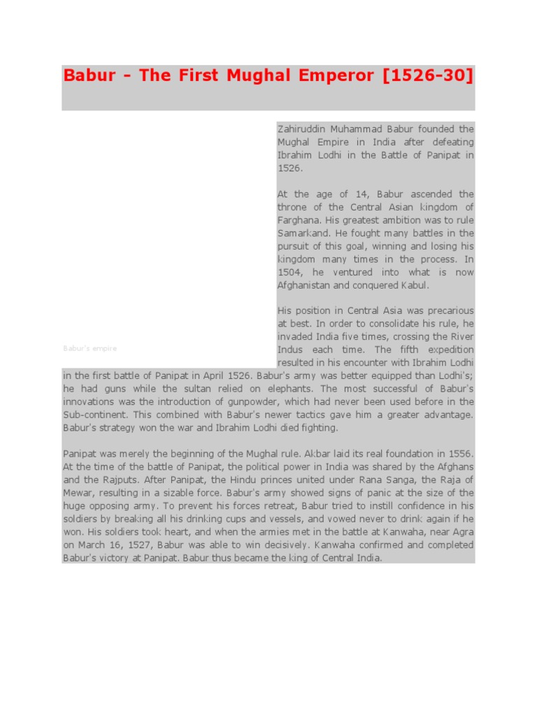 Babur - The First Mughal Emperor (1526-30) | PDF | Mughal Empire ...