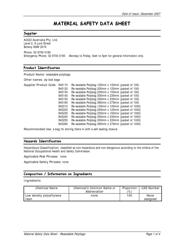 Resealable Polybags Safety Data Sheet | PDF | Dangerous Goods | Safety