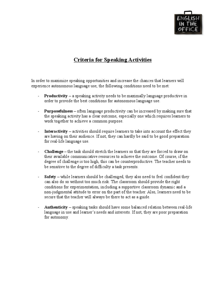 Criteria For Speaking Activities | PDF
