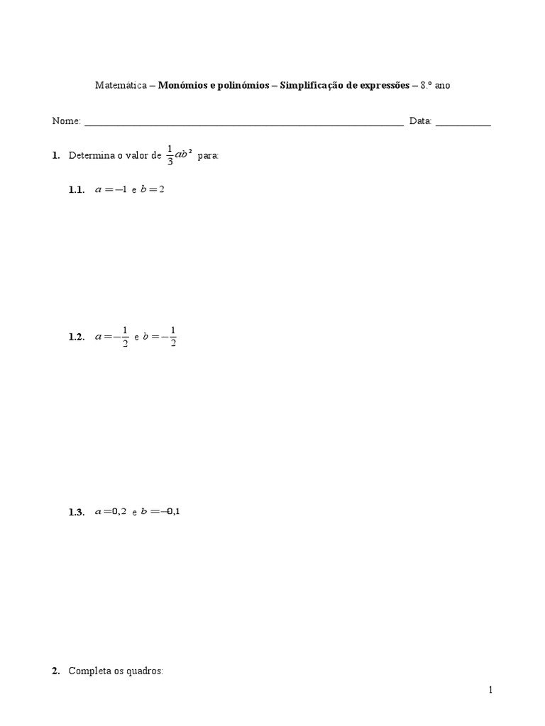 Simplificação de Monômios e Polinômios 8º Ano | PDF | Métodos e ...