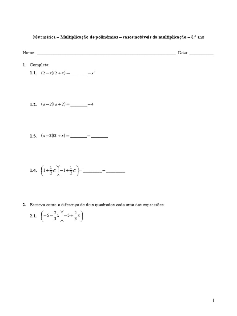 Casos Notáveis Da Multiplicação De Polinómios