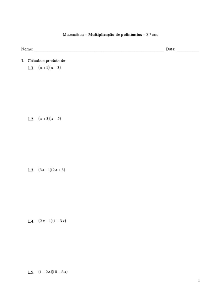 Exercícios de Multiplicação de Polinômios 8º Ano | PDF