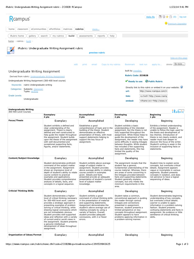 Irubric: Undergraduate Writing Assignment Rubric - ZCXB2B: RCampus ...