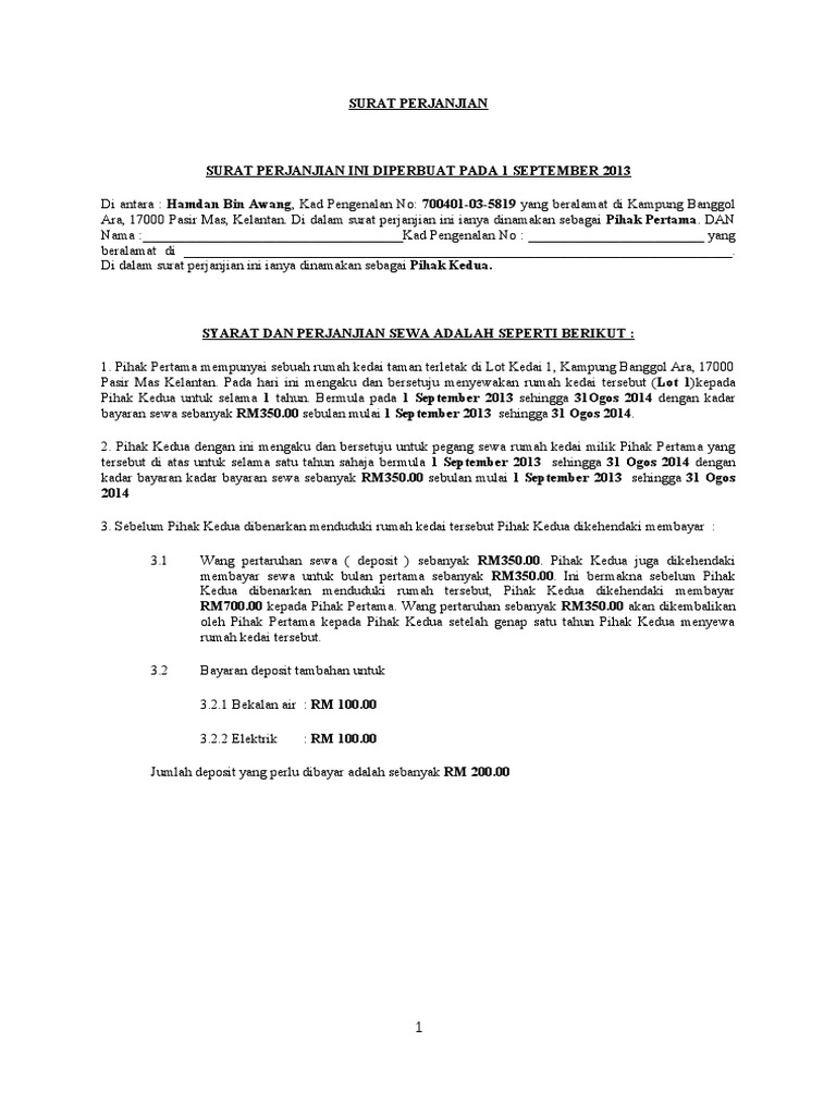 Surat Perjanjian Sewa Kedai Pdf