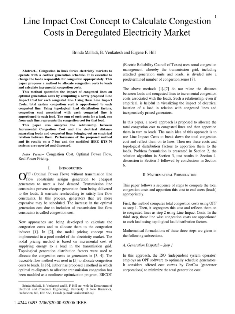 Line Impact Cost Concept To Calculate Congestion Costs in Deregulated