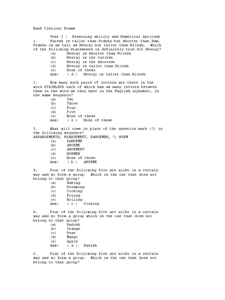 Bank Clerical Exams Test I Reasoning Ability and Numerical