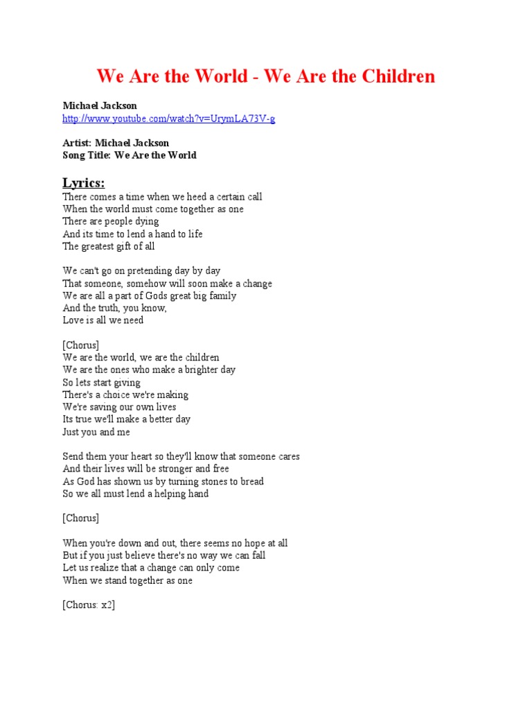 We Are The World We Are The Children Lyrics