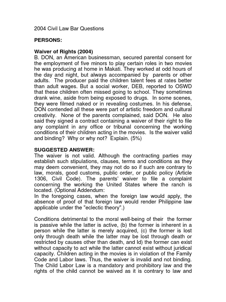 2004 Civil Law Bar Questions (Persons and Family Relations) PDF