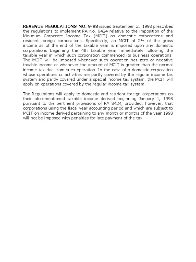 REVENUE REGULATIONS NO. 9-98 Issued September 2, 1998 Prescribes | PDF