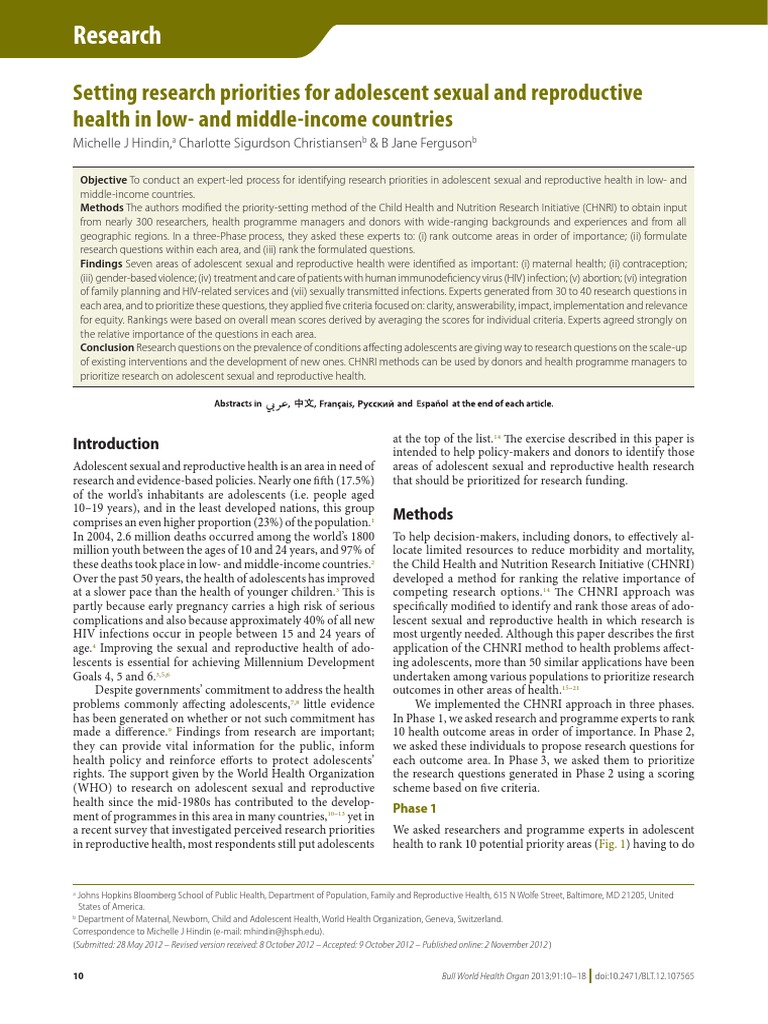Setting Research Priorities For Adolescent Sexual and Reproductive ...