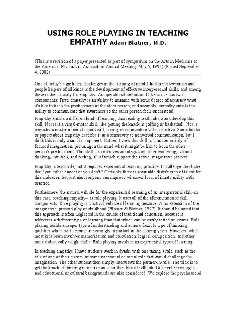 Empathy Role Play Article PDF Empathy Positive Psychology