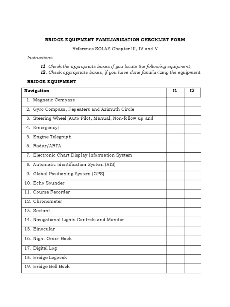 Bridge Equipment Familiarization Checklist