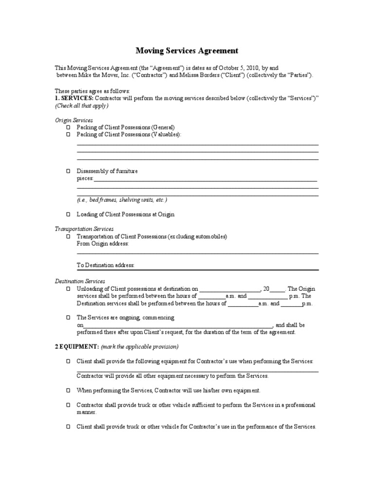 Moving Services Agreement SAMPLE General Contractor Employment