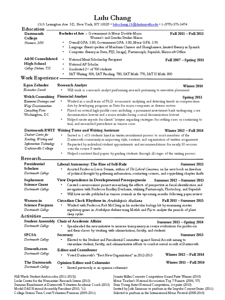 Lulu Chang Resume PDF Dartmouth College Sat