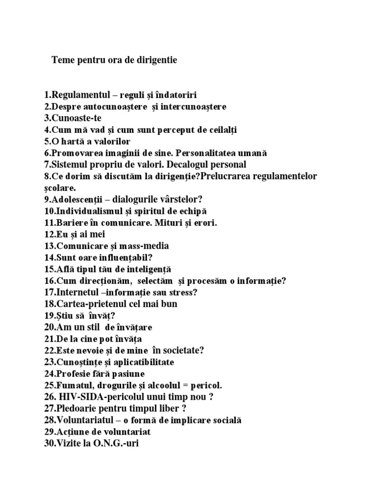 Teme Pentru Ora de Dirigentie | PDF