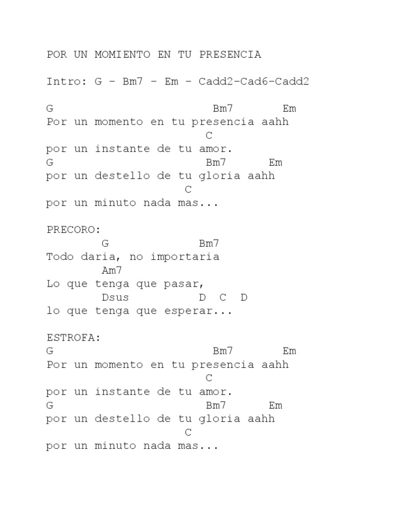 Letra y acordes: "Por un momento en tu presencia" | PDF