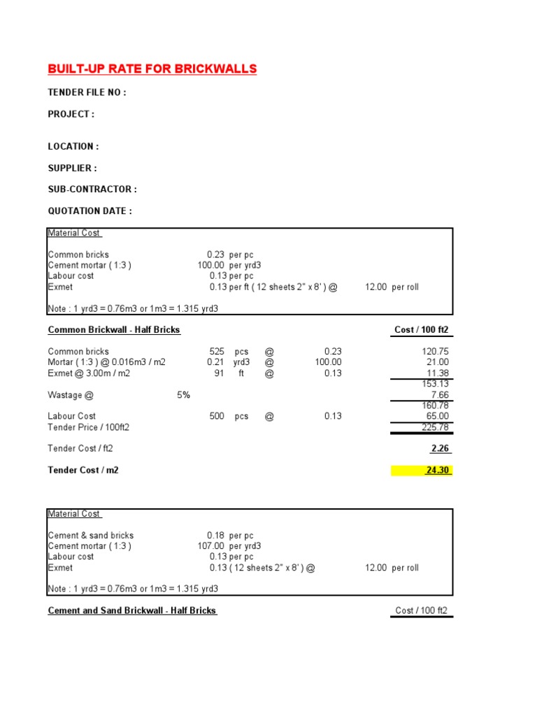 Brick Wall Construction Cost Analysis | PDF | Mortar (Masonry) | Joining