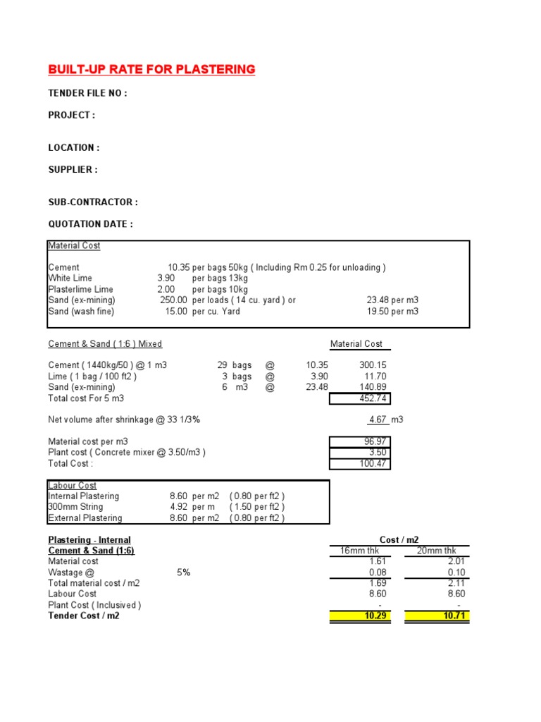 Build Up Rate Format Plastering PDF Cement Horticulture And
