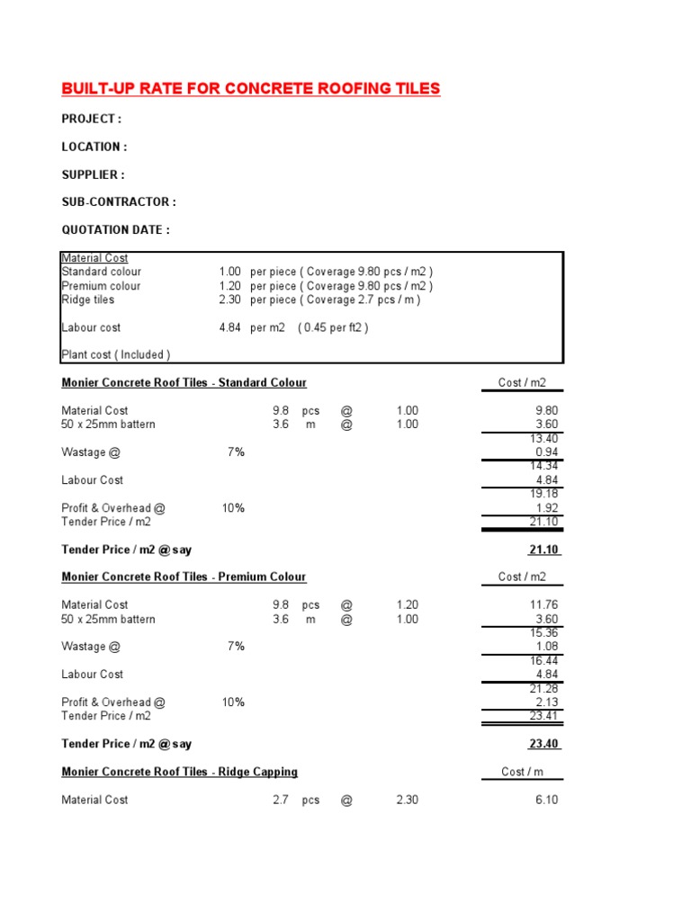 Build Up Rate Format - Roof Tiles | PDF | Mortar (Masonry) | Joining