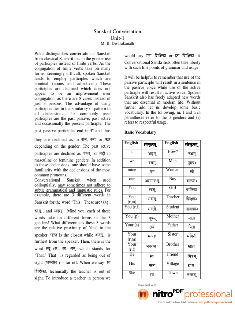 Sanskrit Conversation Grammatical Gender Morphology