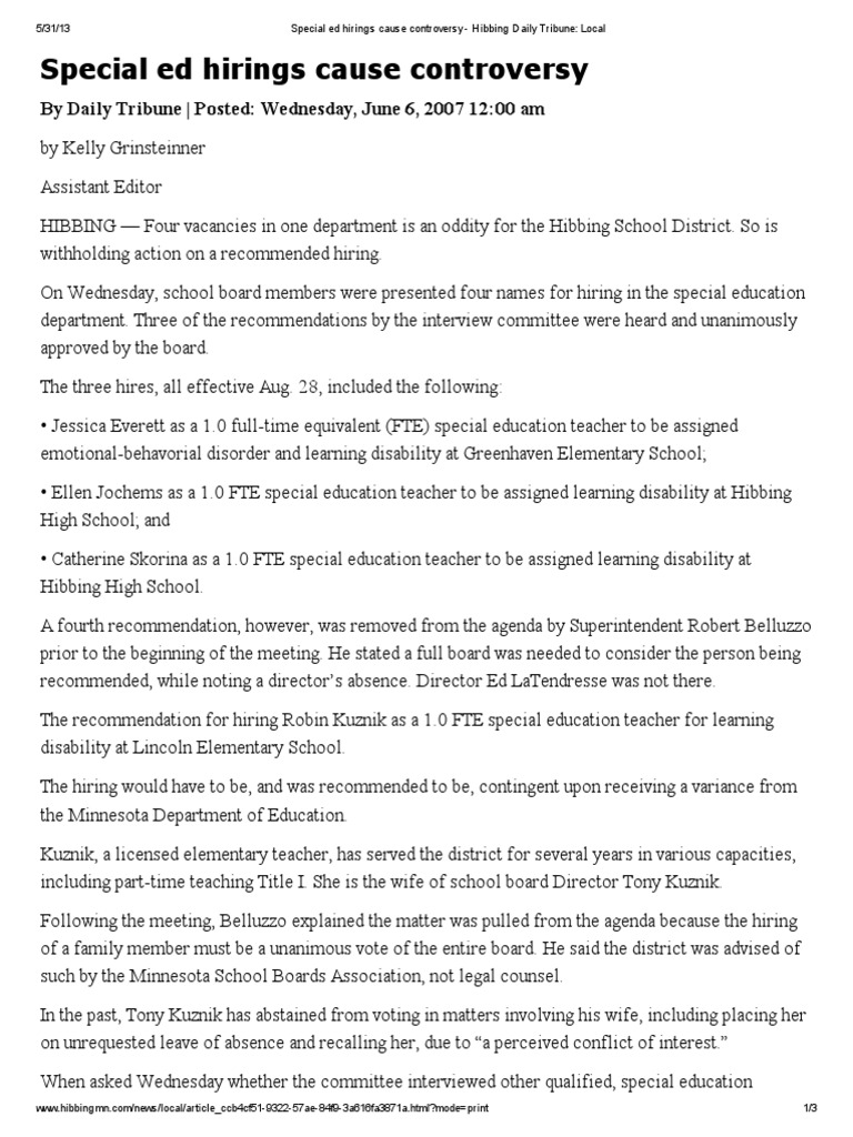 Special Ed Hirings Cause Controversy Hibbing Daily Tribune Local