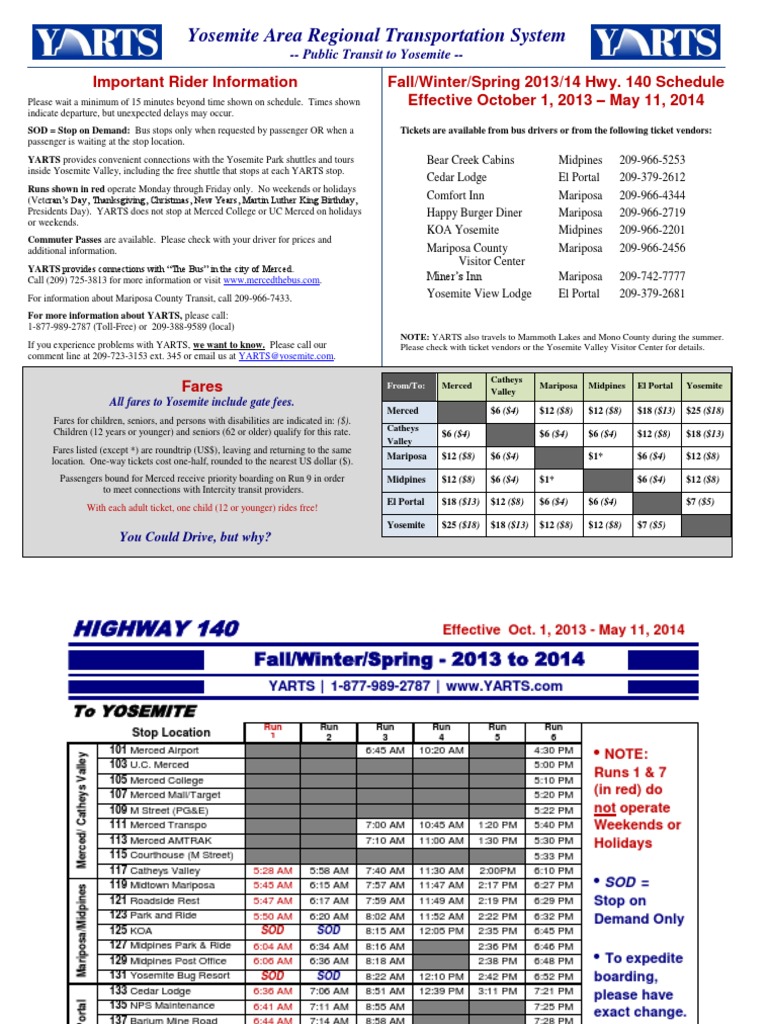 YARTS Bus Schedule | Yosemite National Park | Public Transport