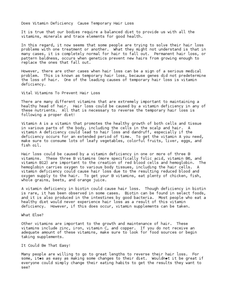 Does Vitamin Deficiency Cause Temporary Hair Loss? | Hair ...