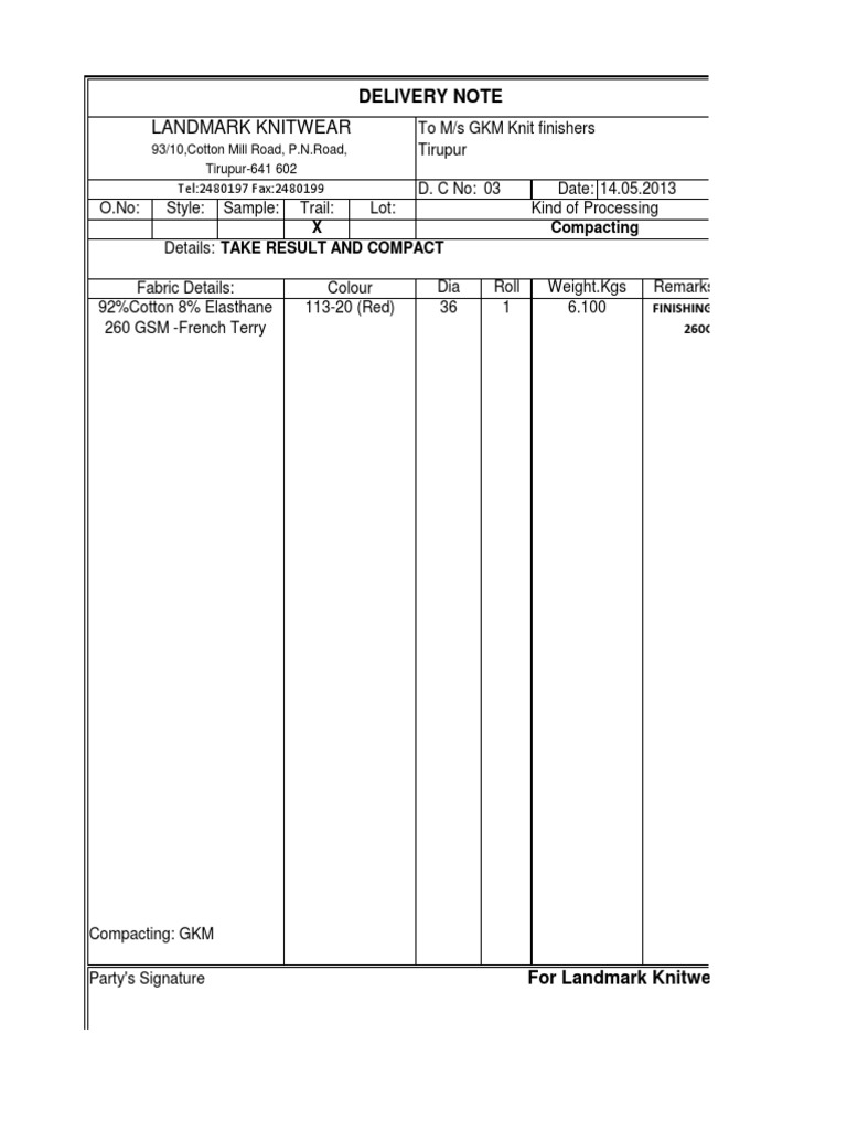 French Delivery Note for Landmark Knitwear | PDF