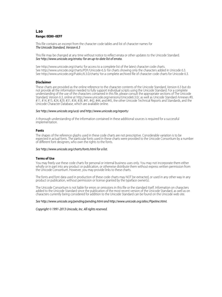 Lao Unicode Character Codes PDF Typefaces Written Communication