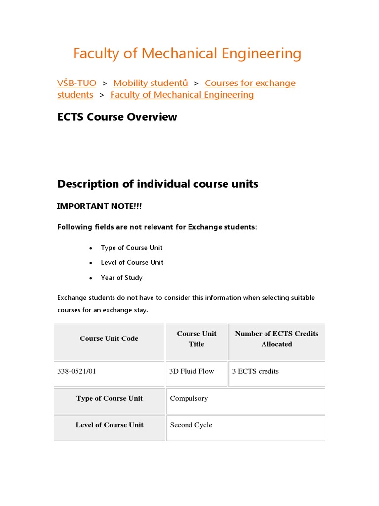 Faculty of Mechanical Engineering: ECTS Course Overview | PDF | Fluid ...