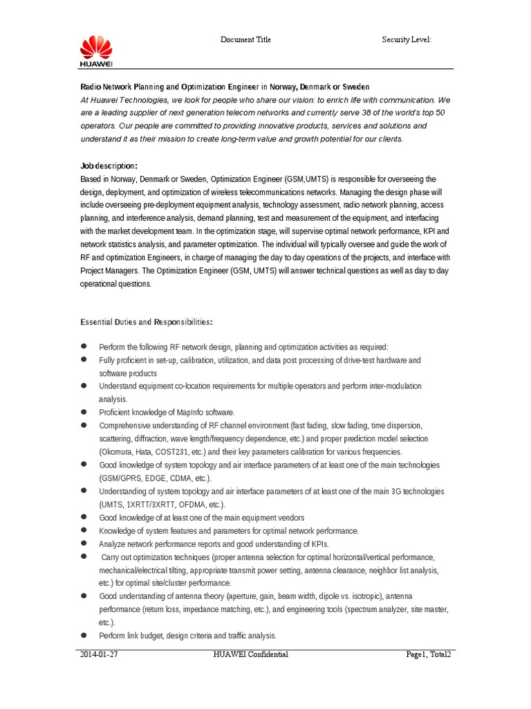 Radio Network Planning and Optimization Engineer in Norway, Denmark or