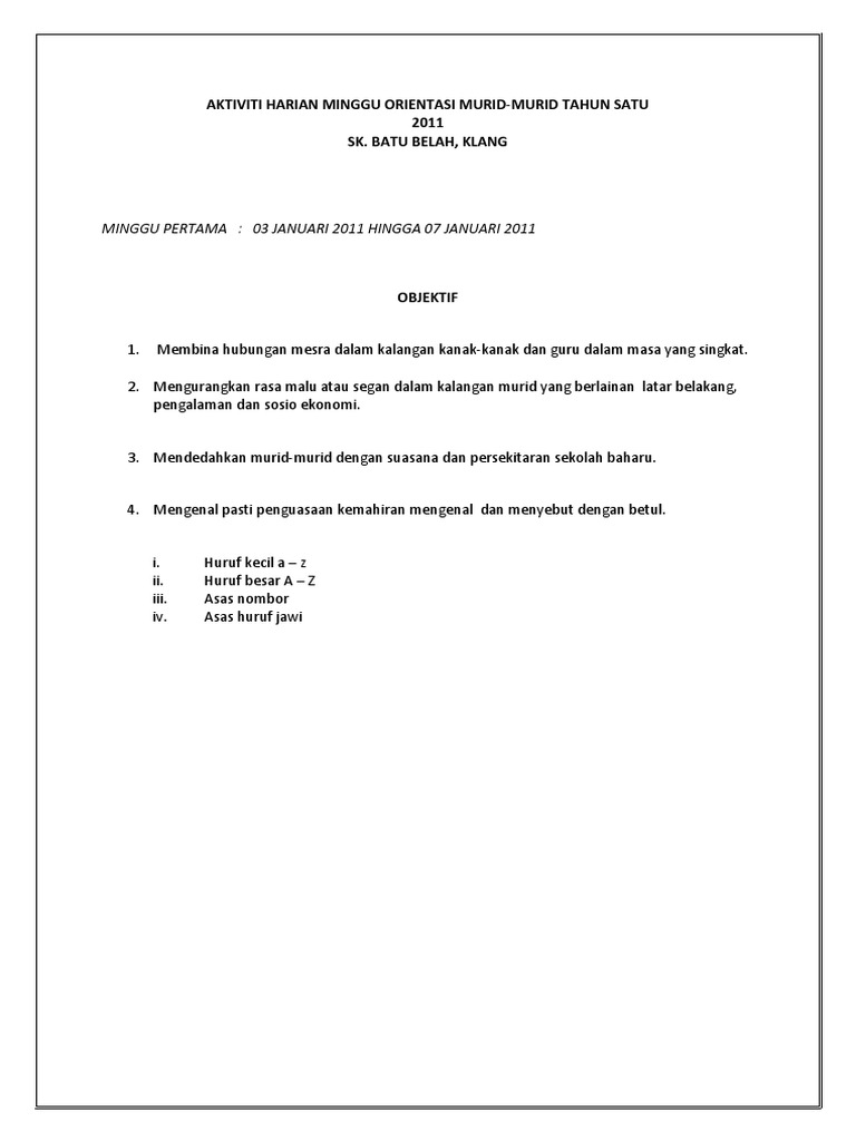 Aktiviti Harian Minggu Orientasi Murid Pdf