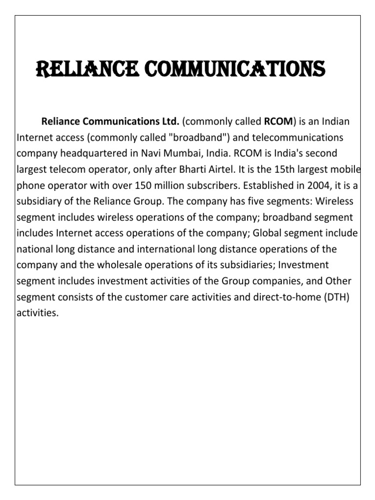 Overview of Reliance Communications | PDF | Telecommunications | Internet