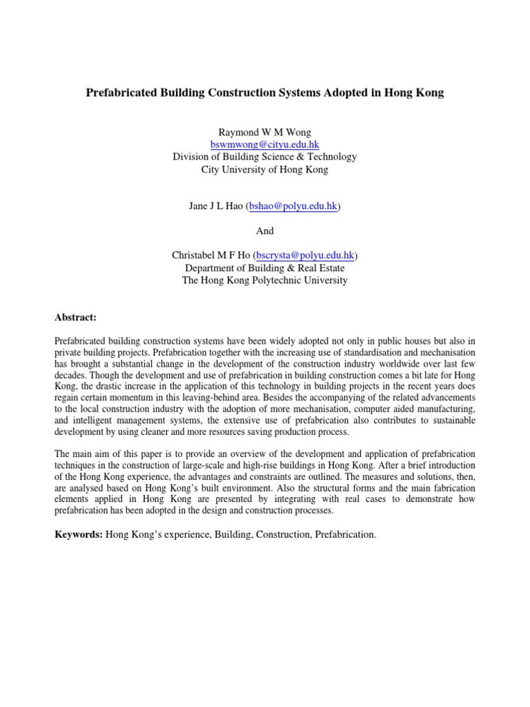 Prefabricated Construction in Hong Kong | PDF | Precast Concrete | Concrete