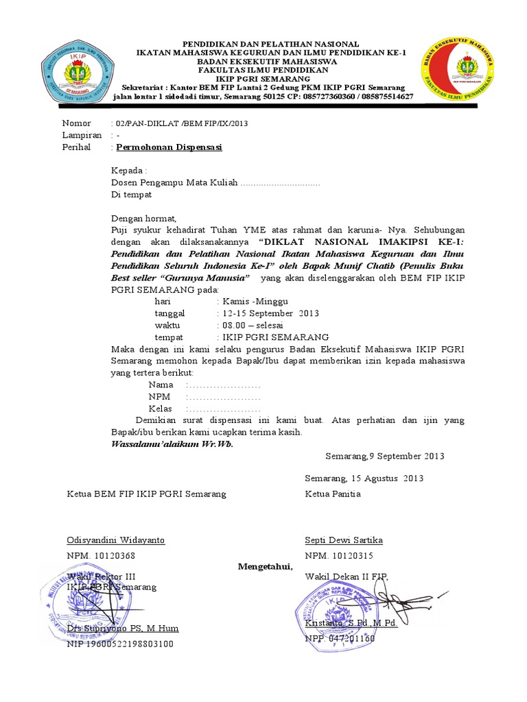 Contoh Surat Dispensasi