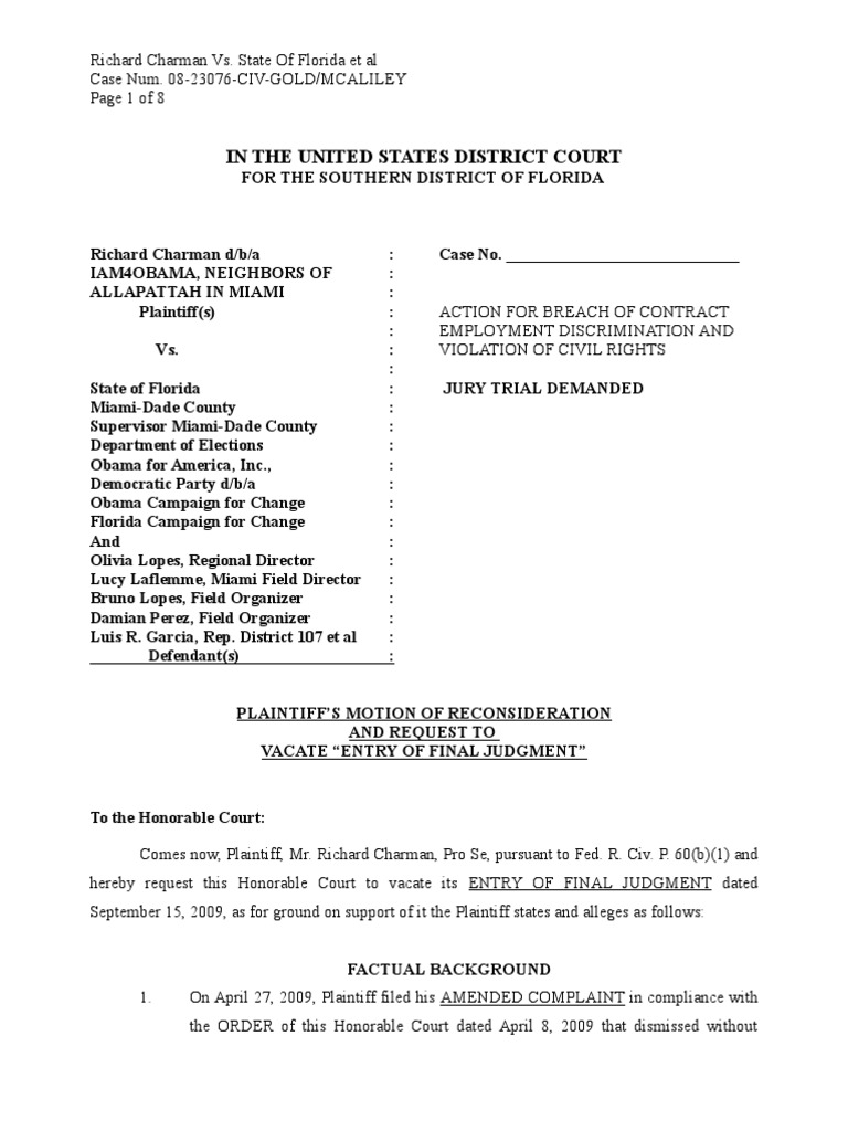 Motion of Reconsideration To Vacate Final Judgment 1 PDF Lawsuit
