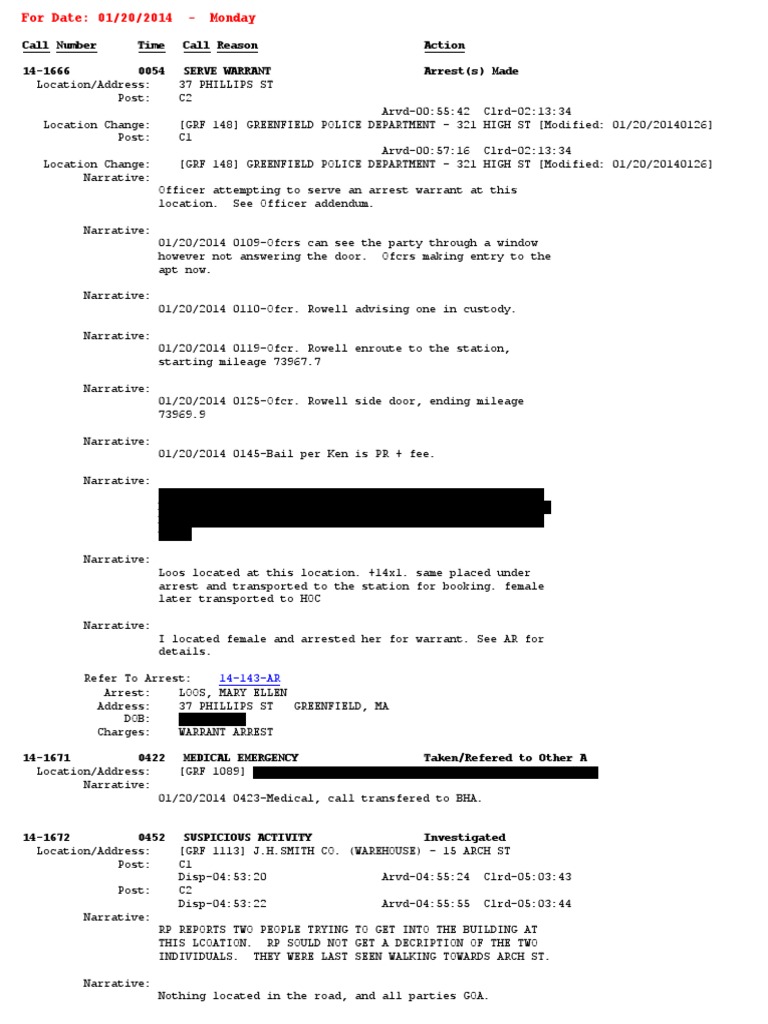 Greenfield Police Call Log - Jan 2014 | PDF | Traffic Stop | Arrest