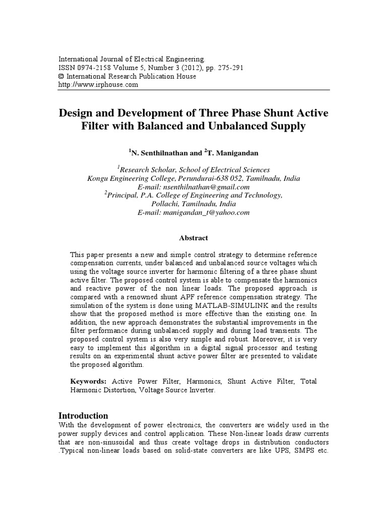 Design and Development of Three Phase Shunt Active Filter With Balanced ...