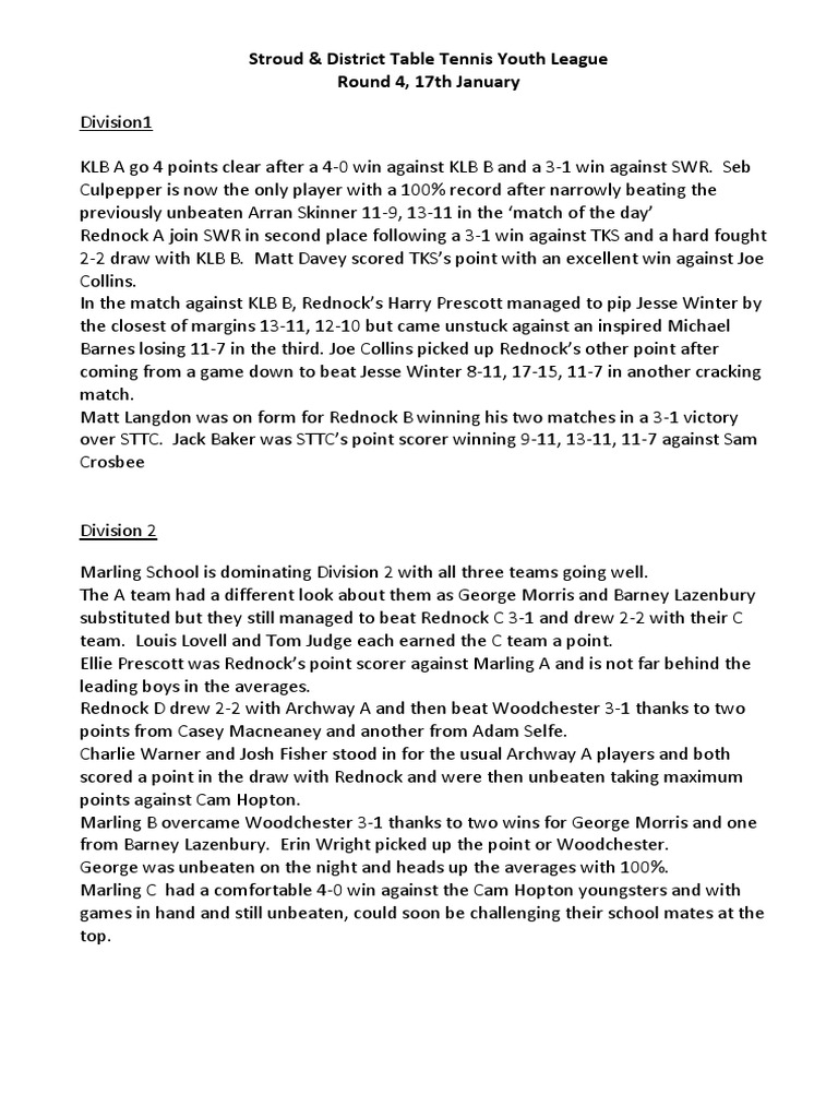 Youth Table Tennis League Update | PDF | Association Football Records ...