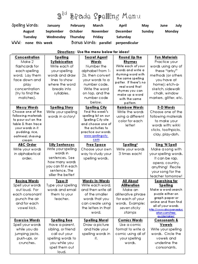 Spelling Menu Days and Months Phonology Writing