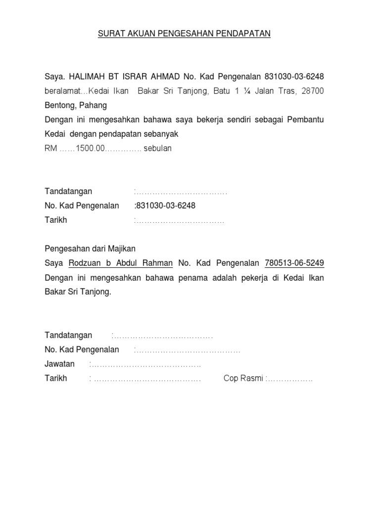 Surat Pengesahan Bekerja Sendiri Contoh Surat Akuan Bujang Bagi Yang Bekerja Sendiri Contoh Surat 76 29 76 Found This Document Useful 29 Votes Mandyandersons