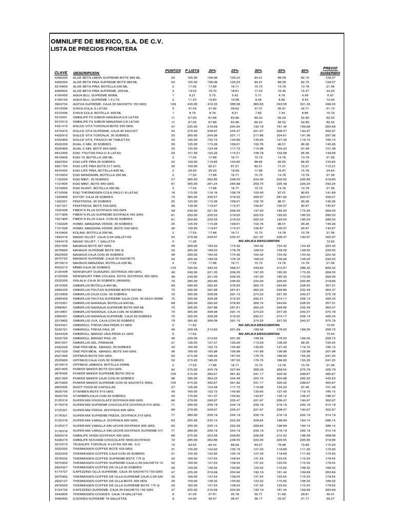 Lista de Precios Omnilife