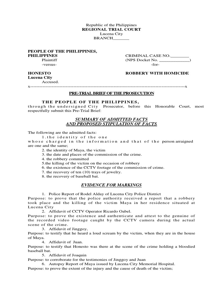 Pre-Trial Brief: Robbery with Homicide Case | PDF | Prosecutor | Robbery