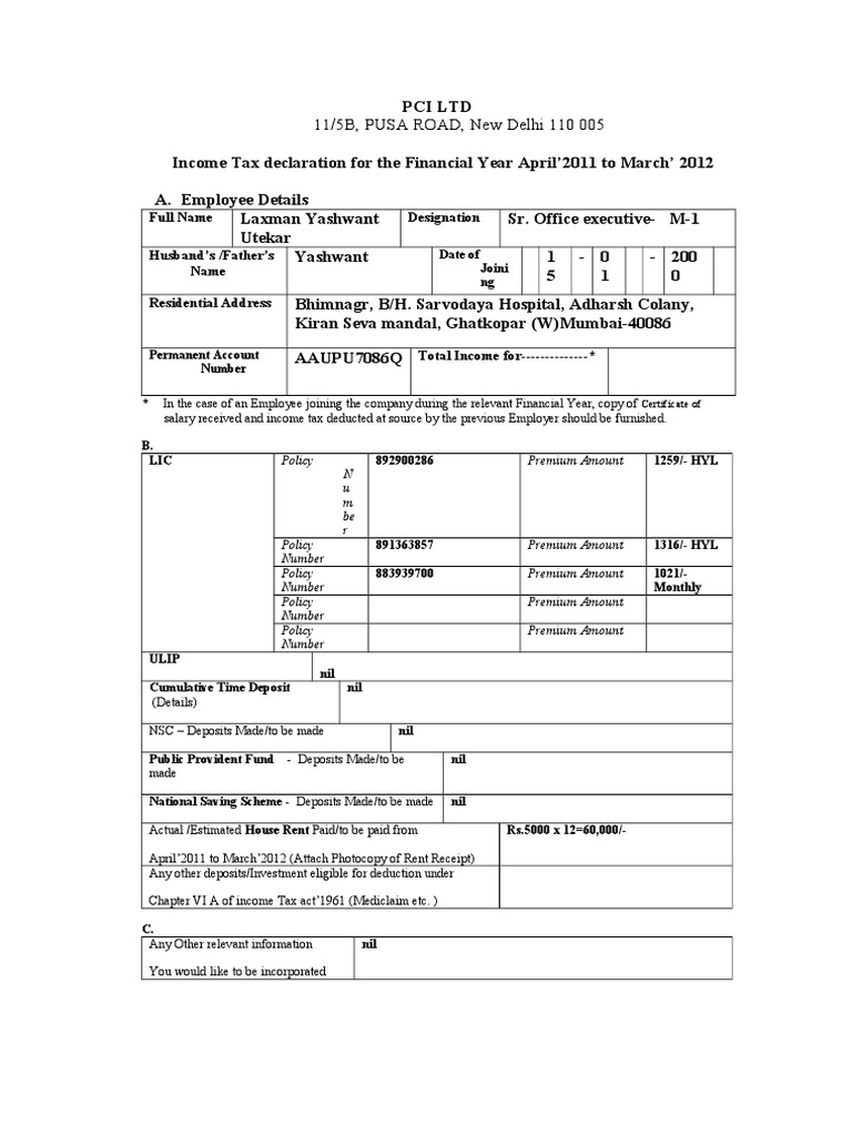 Income Tax Declaration FY 2011-12 | PDF | Finance & Money Management