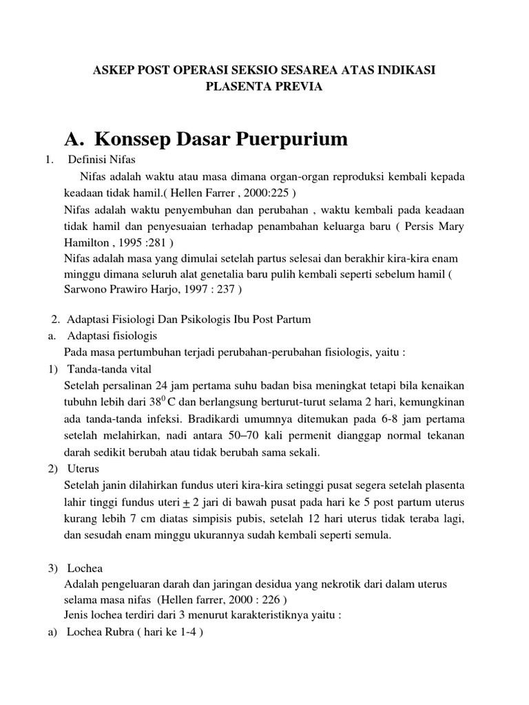 Askep Post Operasi Seksio Sesarea Atas Indikasi Plasenta Previa | PDF