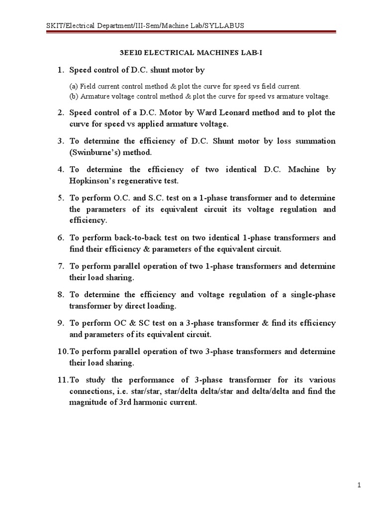 Electrical Machines Lab Syllabus | PDF