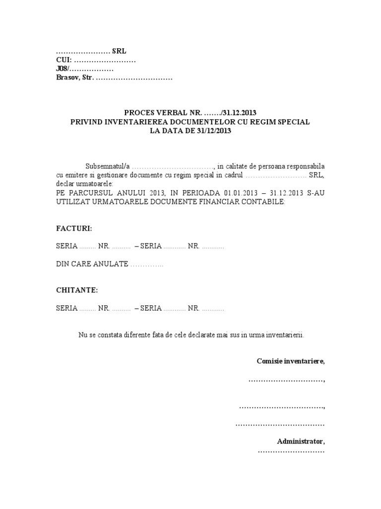 Inventariere Documente Cu Regim Special 2013 Model | PDF
