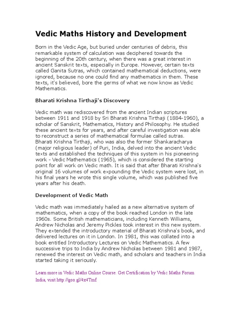 Vedic Maths History and Development | PDF | Art | History