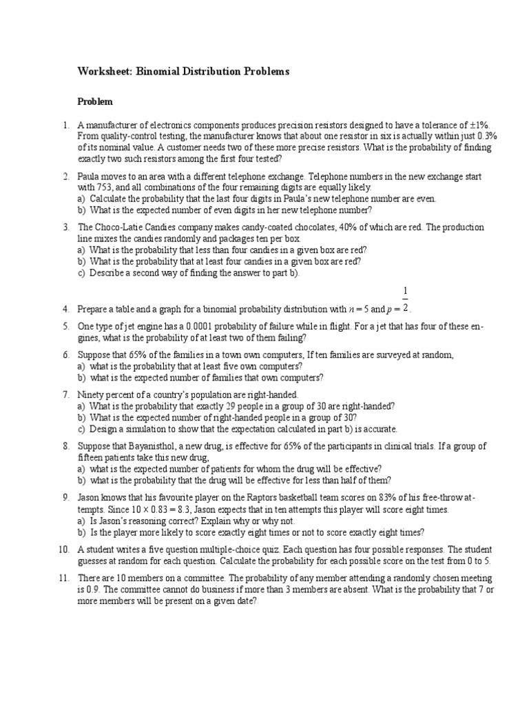 Worksheet Binomial Distribution Problems Probability Distribution Resistor